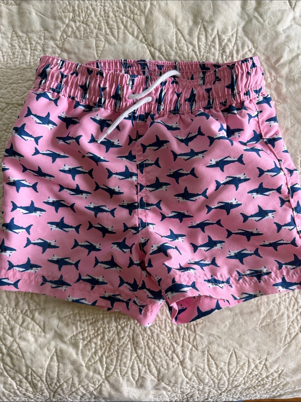 Janie and Jack Pink Swim Trunks with Navy Shark Print